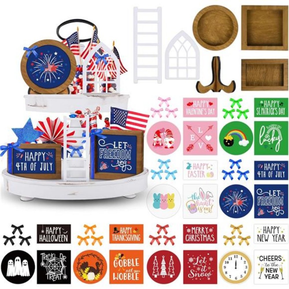 Farmhouse 4th of July Tiered Tray Decor Set - Interchangeable Seasonal Frames